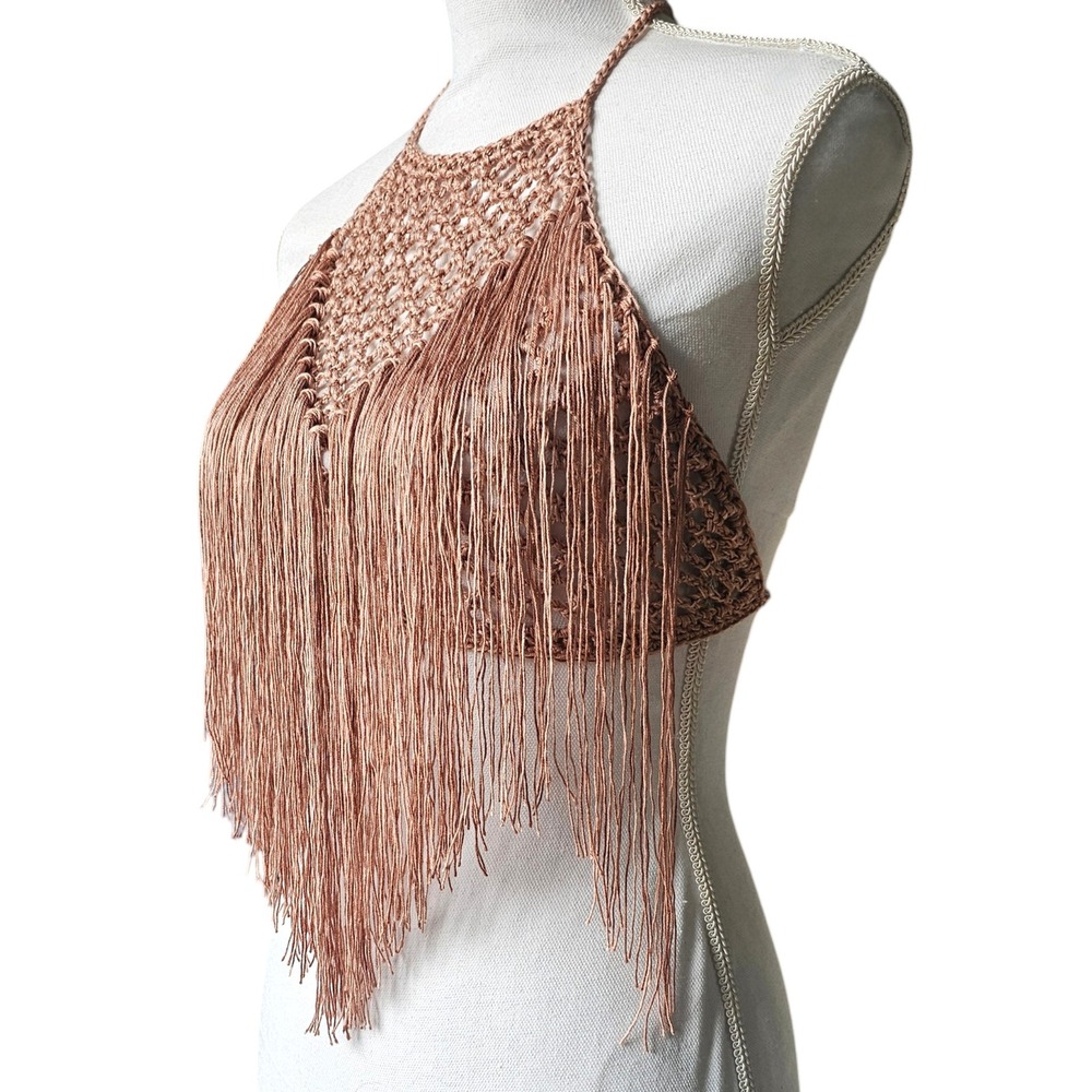 Handmade Crochet Fringe Halter Top, Boho Festival Top, Summer Fashion - Picture 6 of 11